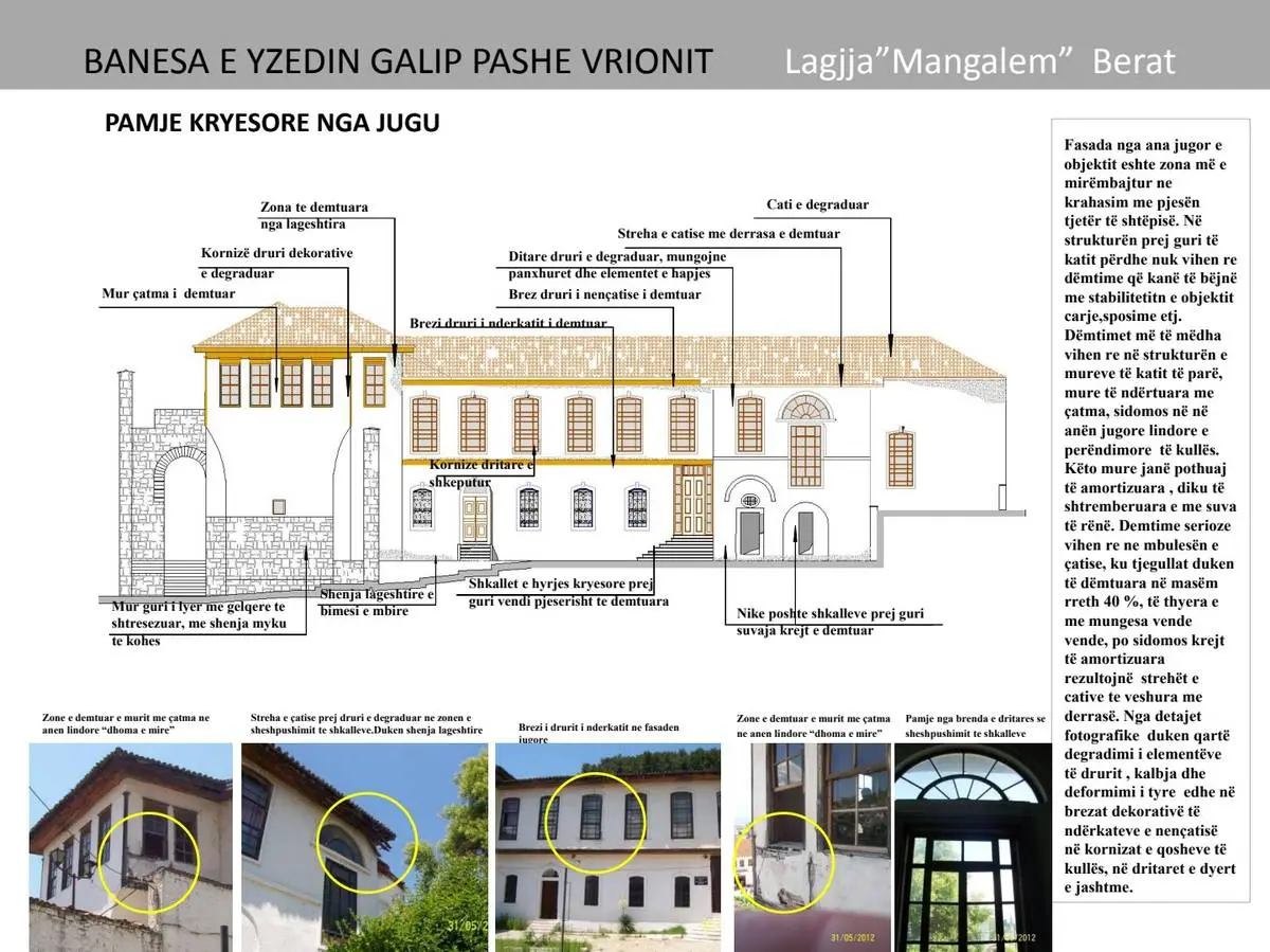South facade architectural survey showing pre-restoration condition