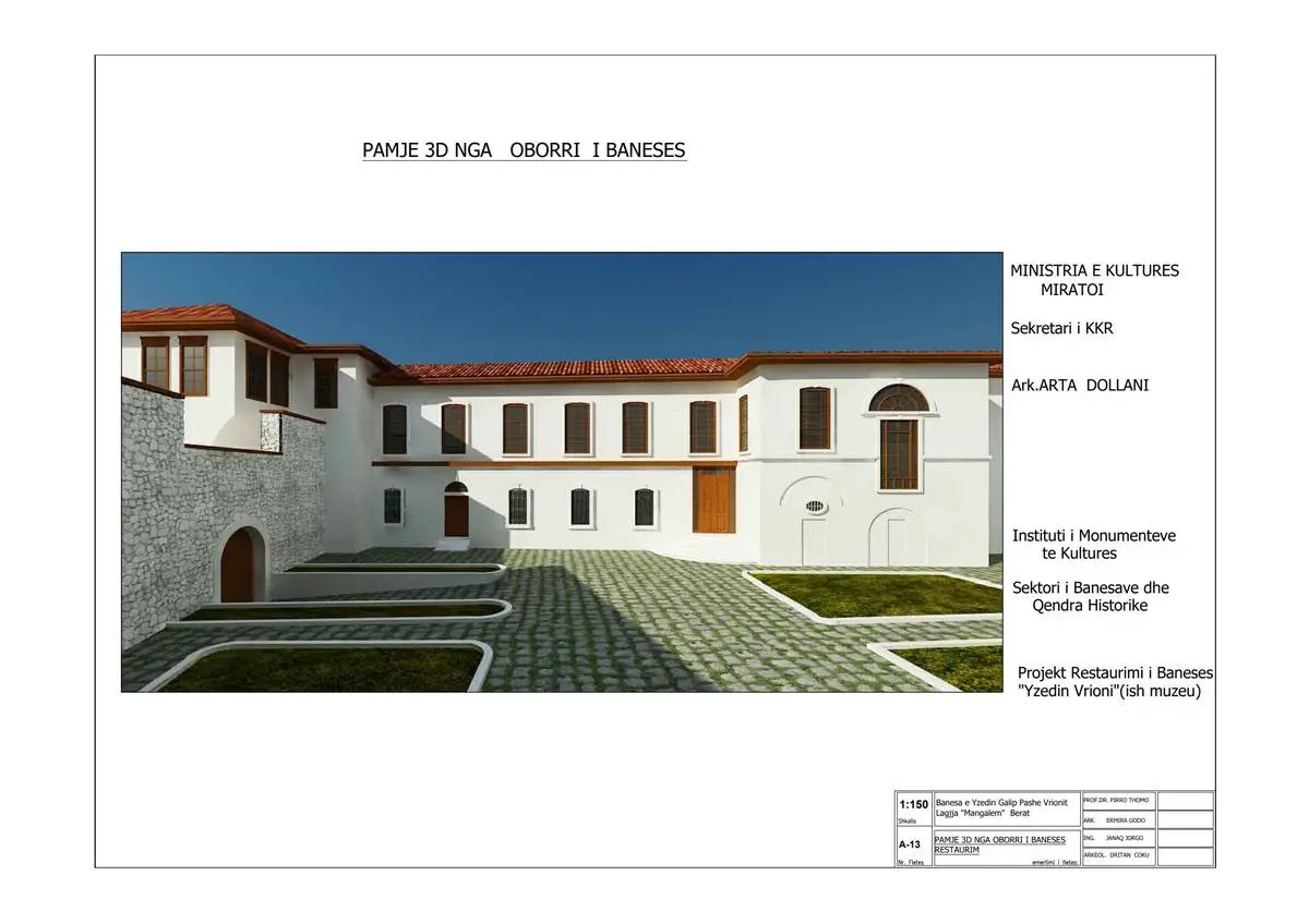 3D architectural rendering of Vila Vrioni courtyard, fully restored