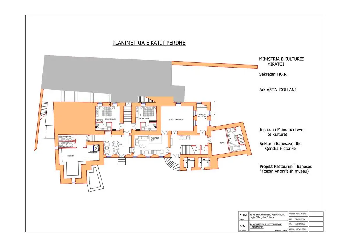 Ground floor restoration plan showing reception, bar, bedrooms, and ethnographic museum